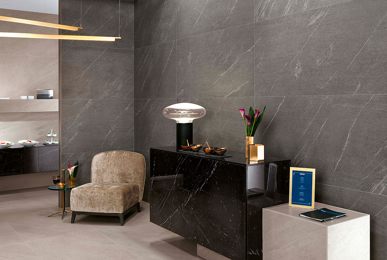 Керамогранит Marvel Carrara Pure Lappato 75x150, Marvel Bardiglio Grey Lappato 75x150, Marvel Basaltina Volcano 75x150.